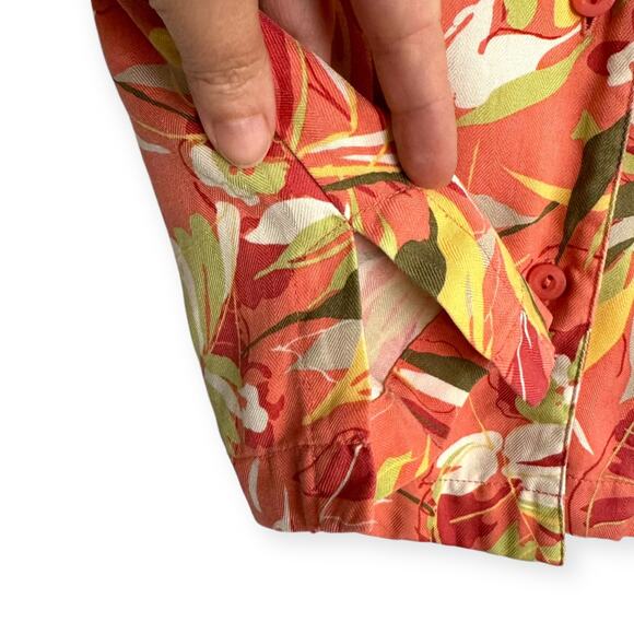 LizGolf 100% Silk Peach Hawaiian Print Structured Button Down Blouse Women's L - Picture 7 of 10